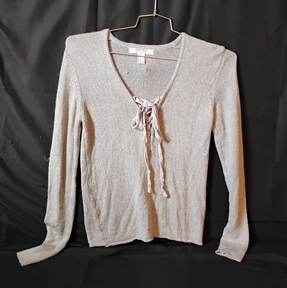 Forever 21 Light Gray Lace-Up V-Neck Sweater - Picture 1 of 7